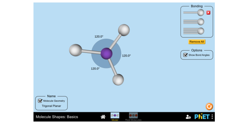PhETsims's tweet card. Explore molecule shapes by building molecules in 3D! Find out how a molecule's shape changes as you add atoms to a molecule.