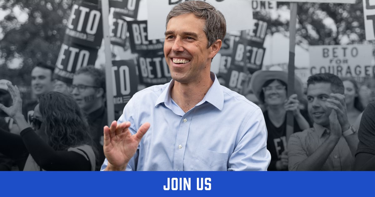 BetoORourke's tweet card. Let's get to work! Can you join us?