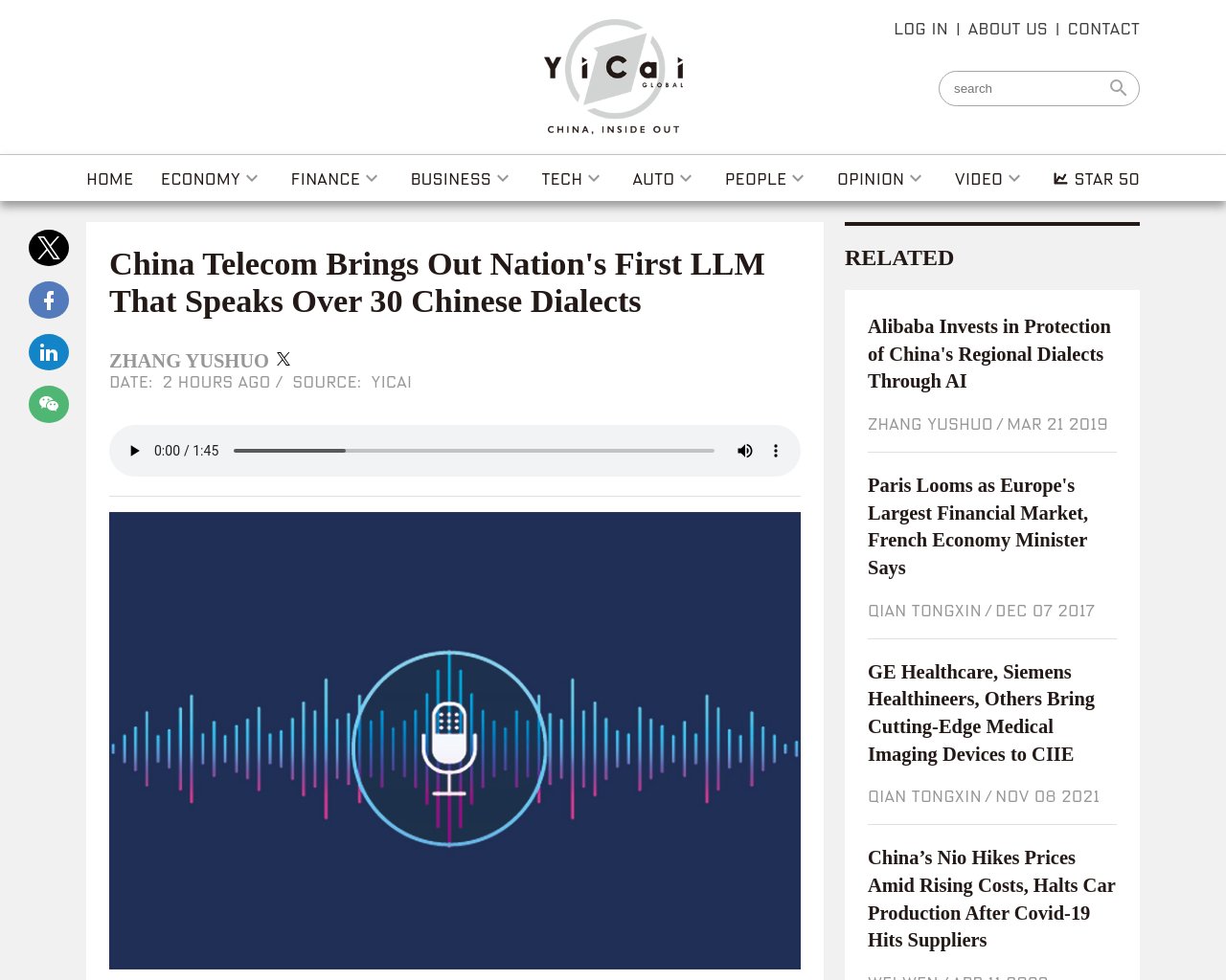 managetech_inc's tweet card. 中国电信发布了中国首个大型语言模型，可以同时理解30多种方言，包括粤语、上海话和温州话，以提高客户服务效率。