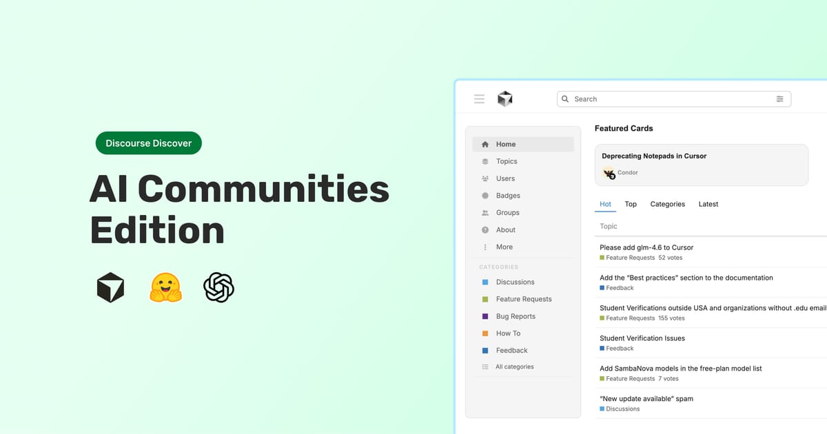 discourse's tweet card. Today we're highlighting three AI-focused communities that handle different challenges: a fast-growing developer tool, a massive collaboration platform, and a name that everyone should recognise…