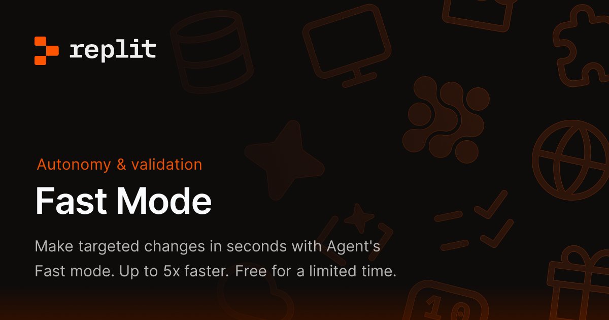 ReplitSupport's tweet card. Make targeted changes in seconds with Agent's Fast mode. Up to 5x faster. Free for a limited time.