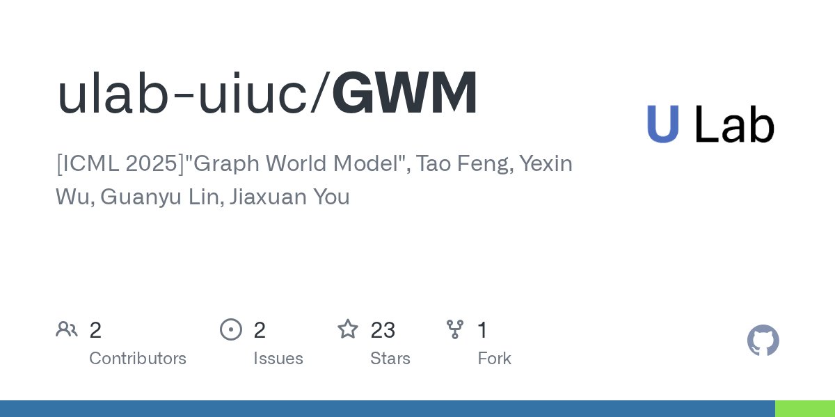 taofeng_uiuc's tweet card. [ICML 2025]"Graph World Model", Tao Feng, Yexin Wu, Guanyu Lin, Jiaxuan You - ulab-uiuc/GWM