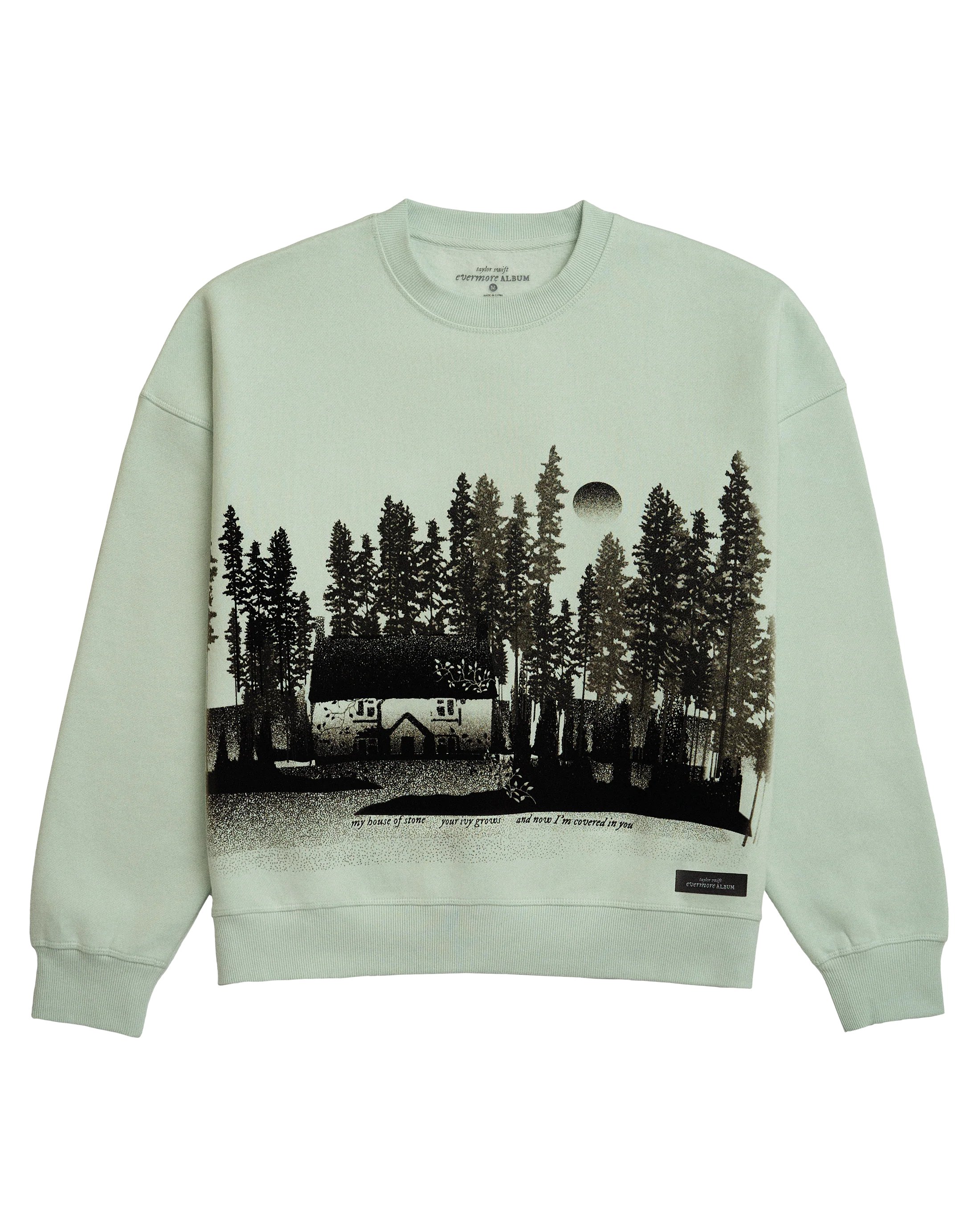 swiftpitch_uk's tweet card. Ships within 10 daysGreen long sleeve crewneck sweatshirt featuring "My house of stone your ivy grows and now I'm covered in you" song lyrics with house and forest design printed on front and "taylor...