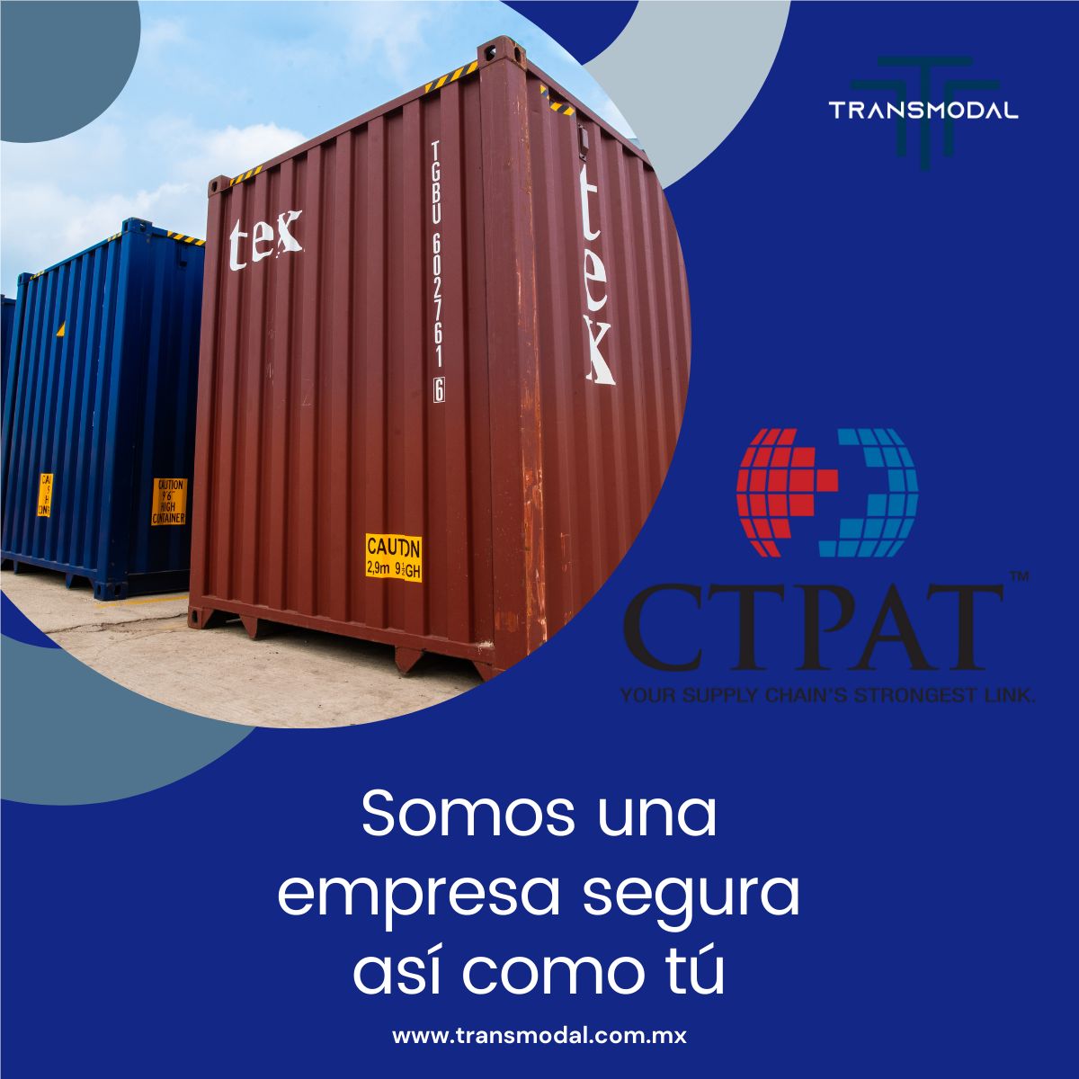 TransmodalMx's tweet card. La seguridad es primordial para nosotros, por ello estamos certificados con CTPAT. Conoce más en: transmodal.com.mx #Transmodal #ProtegeLoTuyo