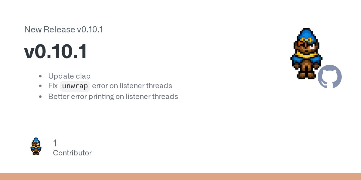 genonullfree's tweet card. Update clap Fix unwrap error on listener threads Better error printing on listener threads