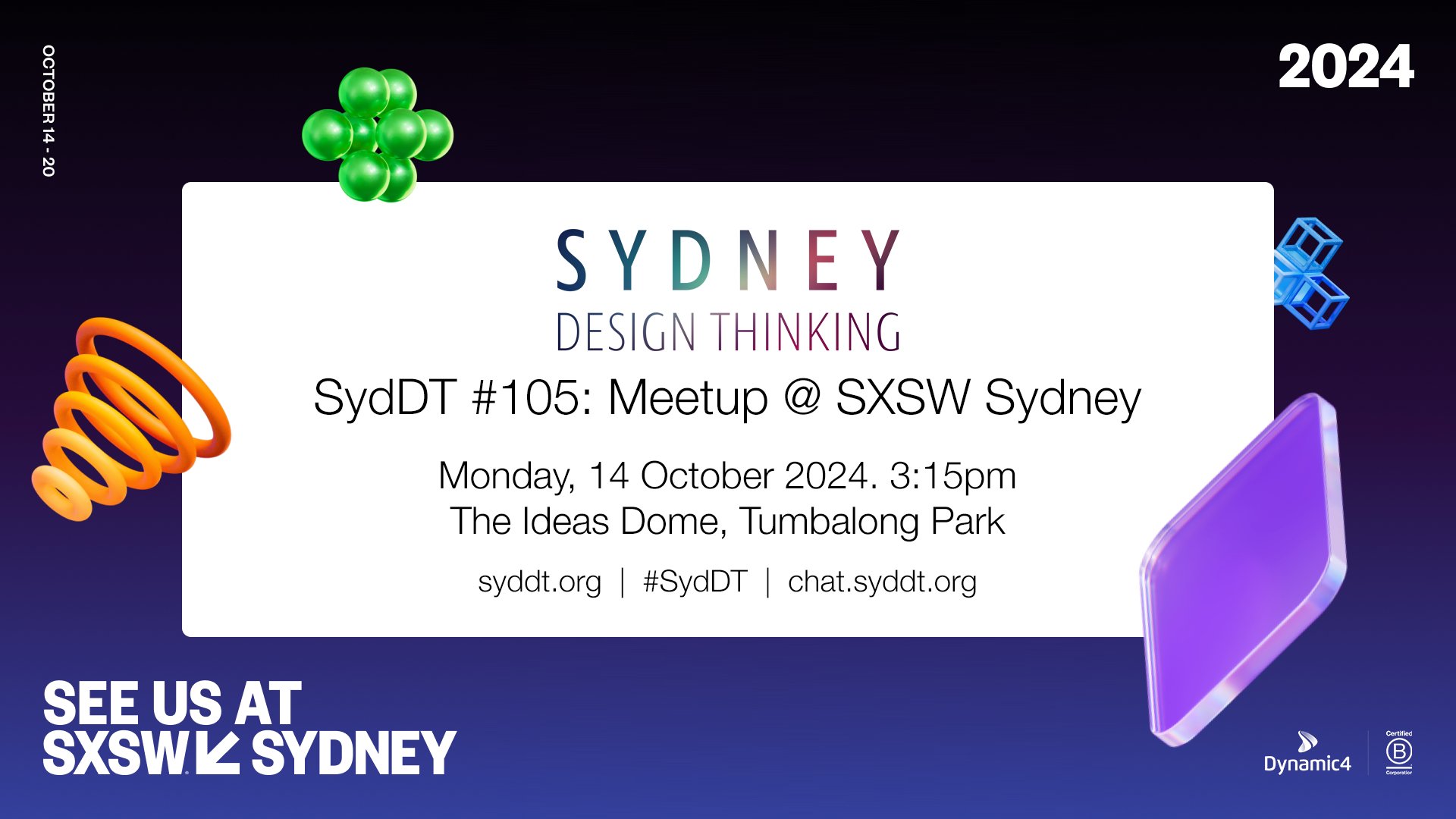 dynamic4's tweet card. We're stoked SydDT #105 is part of SXSW Sydney again this year. This will be a casual and interactive meetup for anyone interested in design thinking.