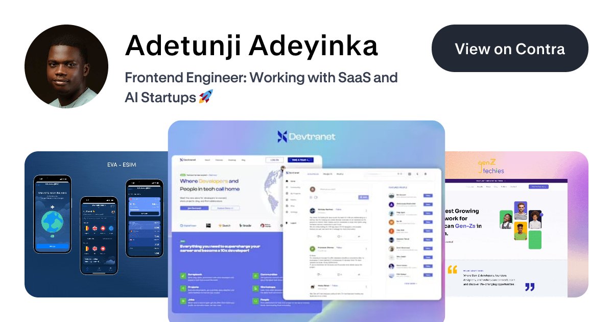itzadetunji1's tweet card. View Adetunji Adeyinka's Profile on Contra, the Independent-first, commission-free freelance marketplace shaping the future of work. Hire a freelancer today!