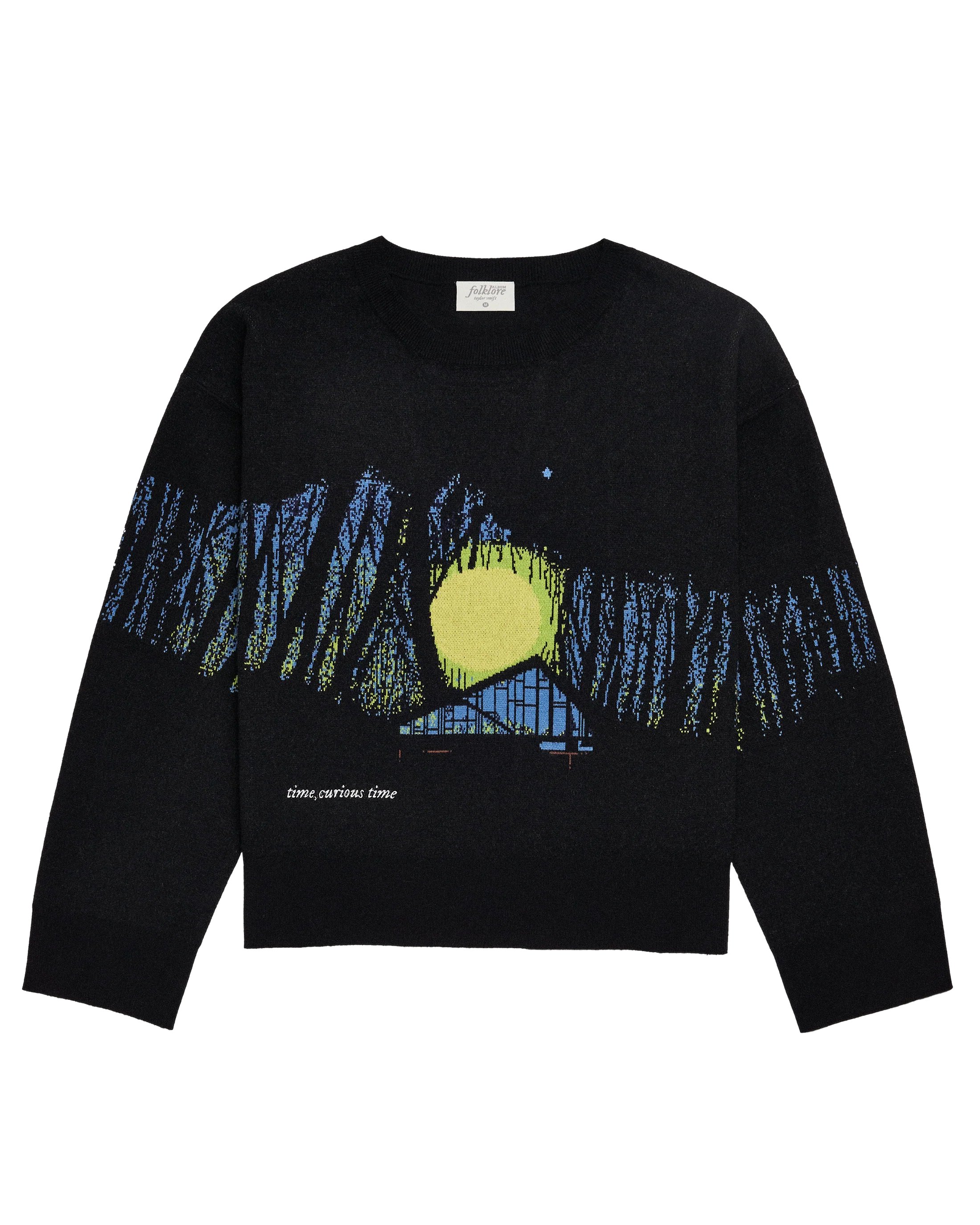 swiftpitch_uk's tweet card. Ships within 10 daysBlack jacquard sweater featuring "time, curious time" song lyrics embroidered on front and Folklore album cabin design knitted on front and both sleeves.Standard unisex fit.50%...