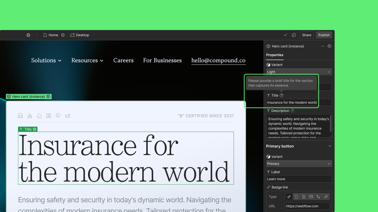 webflow's tweet card. Add a helpful description to component properties to guide your teammates and clients.