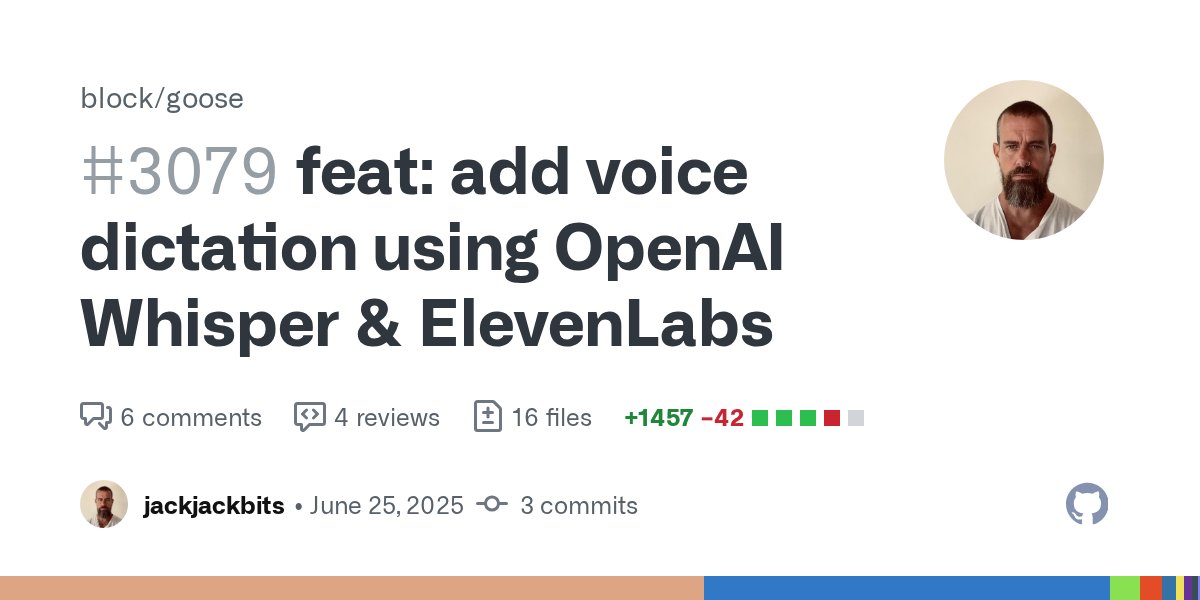 BITchatmesh's tweet card. Voice Dictation Feature - PR Summary Overview This PR adds voice dictation functionality to Goose Desktop, allowing users to input messages using their microphone with support for both OpenAI Whisp...
