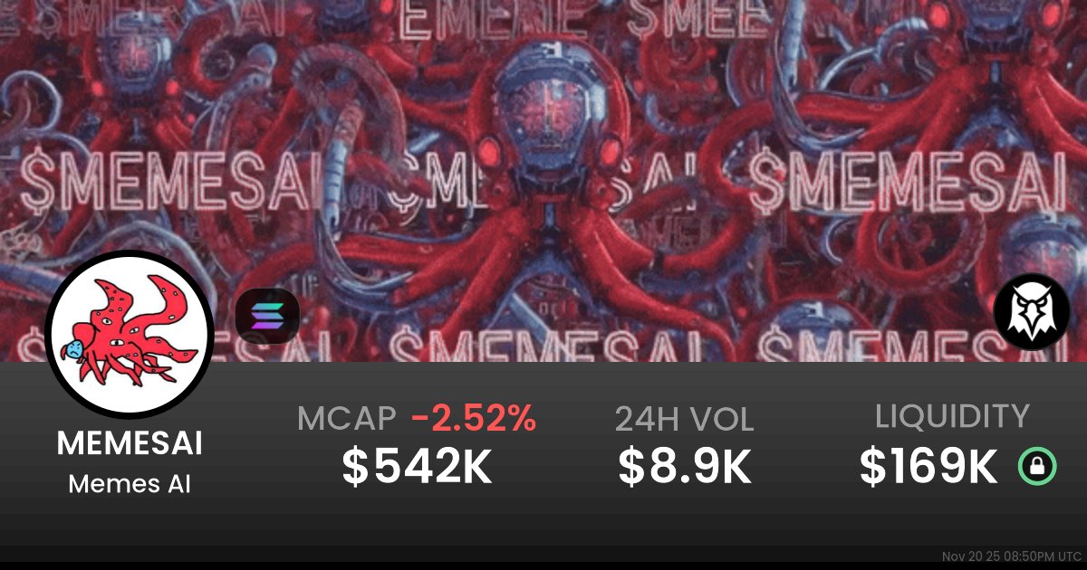 RedShoggothCult's tweet card. $0.0005421 Memes AI (MEMESAI) realtime price charts, trading history and info - MEMESAI / SOL on Solana / Raydium