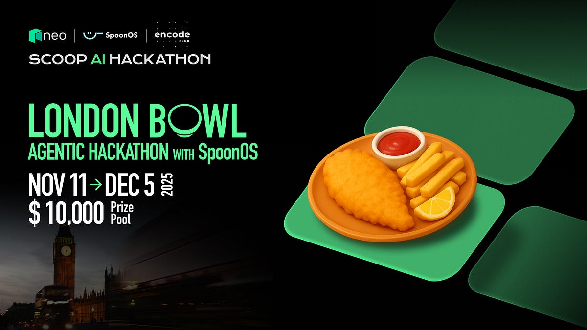 SpoonOS_ai's tweet card. We’re excited to announce the third stop of the Scoop AI Hackathon, coming to London!