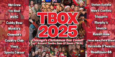 TBOXBarCrawls's tweet card. World's Largest Christmas Bar Crawl in Wrigley! Pop-Up Bars, Free Breakfast, Gift Cards To Use On The Crawl, Drink Specials & More!