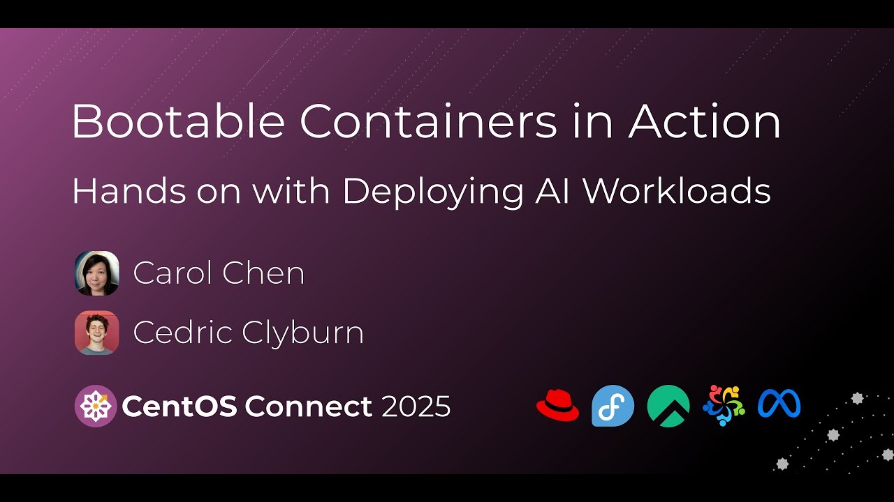 CentOS's tweet card. Bootable Containers in Action: Hands on with Deploying AI Workloads