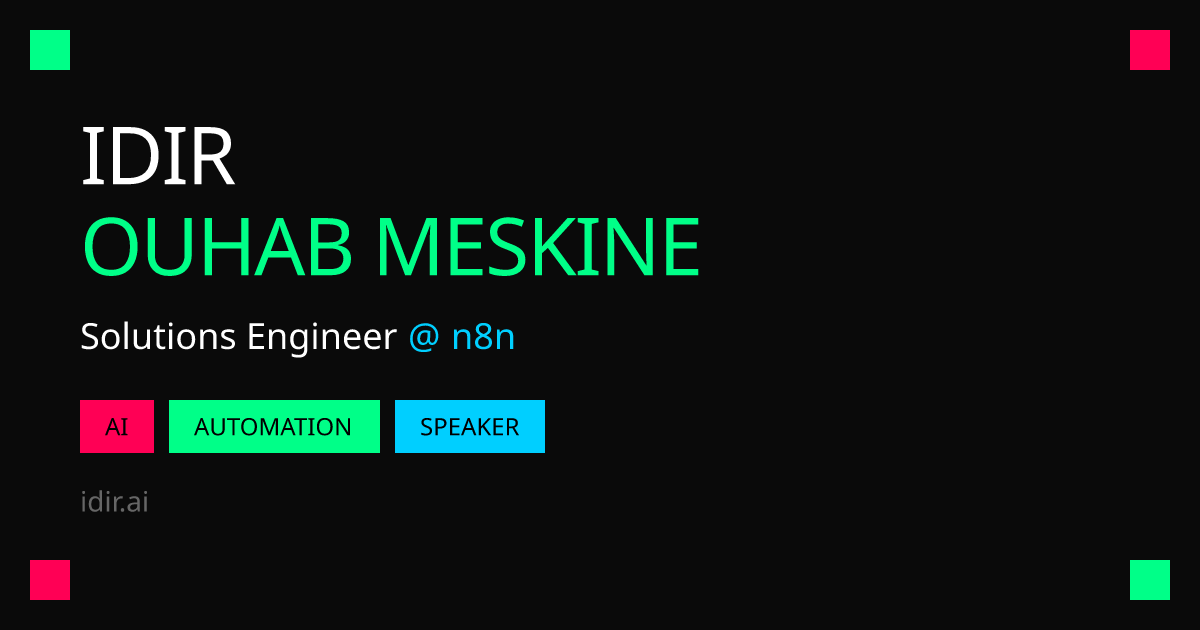 idir_ouhab's tweet card. Solutions Engineer at n8n building AI-powered workflows. Teaching 10K+ students, speaking at major tech conferences.