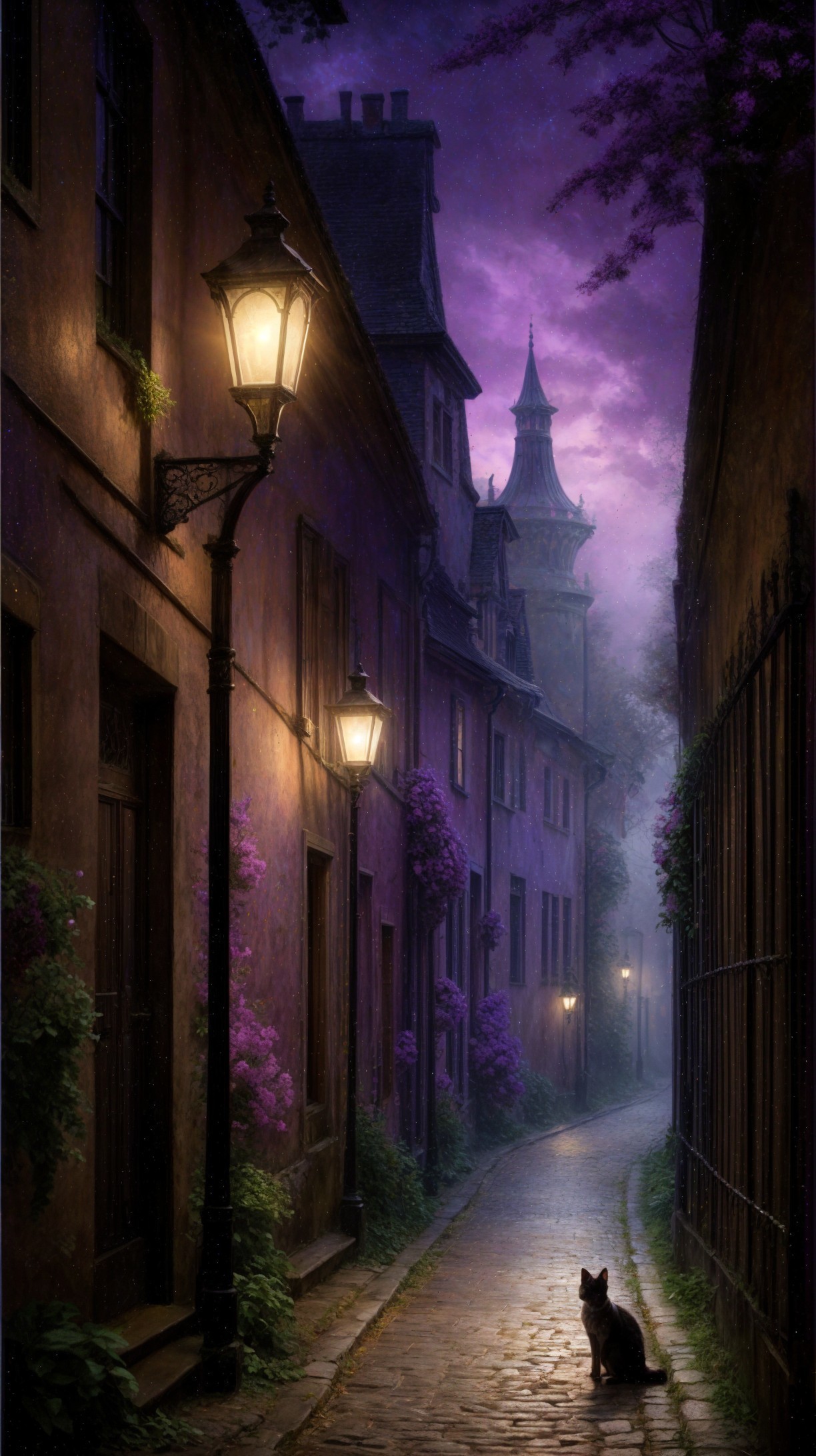 SheCait23's tweet card. A serene, moonlit alleyway is illuminated by vintage street lamps. Lush purple blooms line the cobblestone path, while a solitary cat sits silently, adding a touch of mystery to the scene.