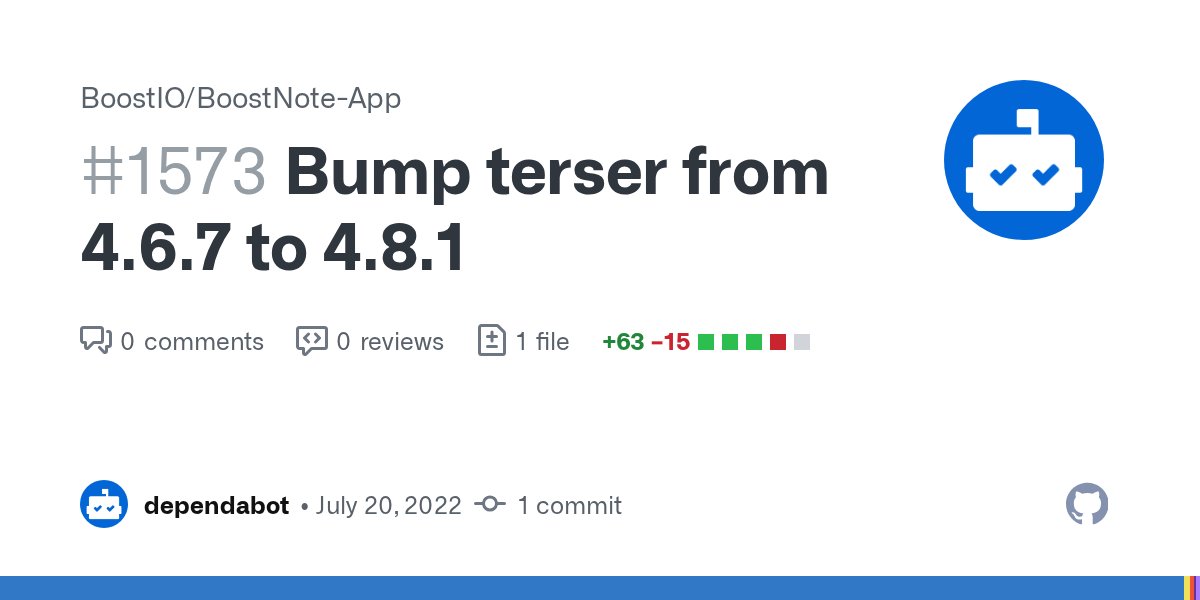 Boostnoteapp's tweet card. Bumps terser from 4.6.7 to 4.8.1. Changelog Sourced from terser's changelog. v4.8.1 (backport) Security fix for RegExps that should not be evaluated (regexp DDOS) v4.8.0 Support for nu...