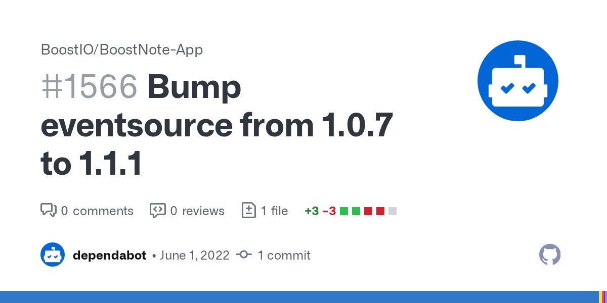 Boostnoteapp's tweet card. Bumps eventsource from 1.0.7 to 1.1.1. Changelog Sourced from eventsource's changelog. 1.1.1 Do not include authorization and cookie headers on redirect to different origin (#273 Espen H...