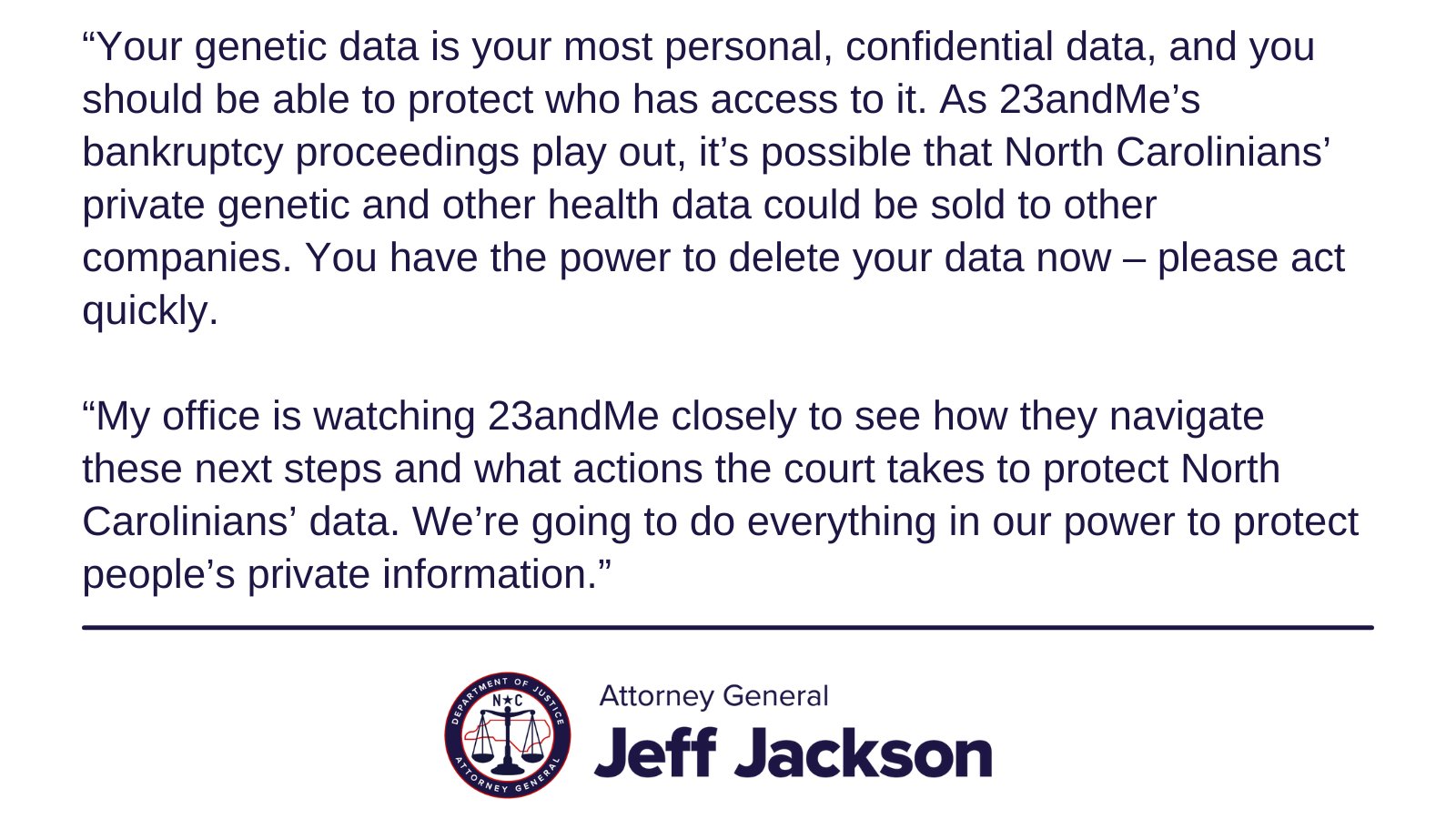 NCAGO's tweet card. FOR IMMEDIATE RELEASE     Tuesday, March 25, 2025  Contact: Ben Conroy  (984) 383-9038  RALEIGH – Today, Attorney General Jeff Jackson recommended that North Carolinians delete their accounts and...