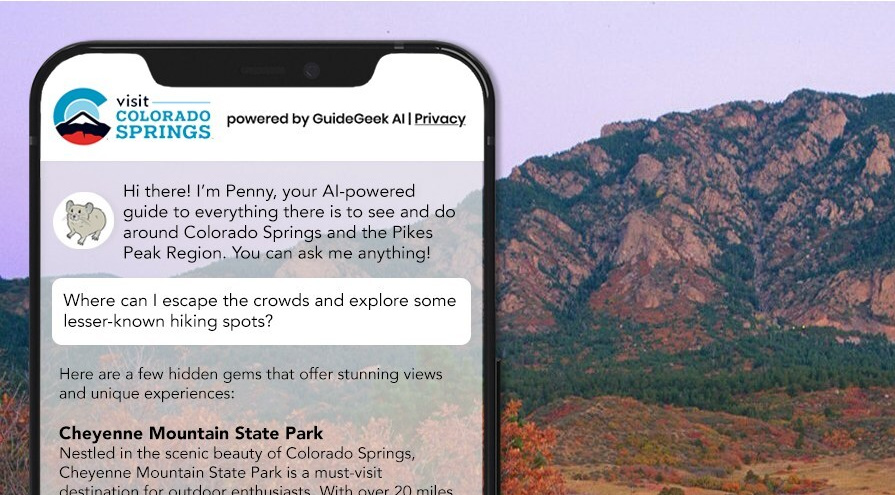 ColoradoBizMag's tweet card. Visit Colorado Springs launched an AI chat tool powered by GuideGeek to help travelers plan trips, find activities and access real-time information sustainably.
