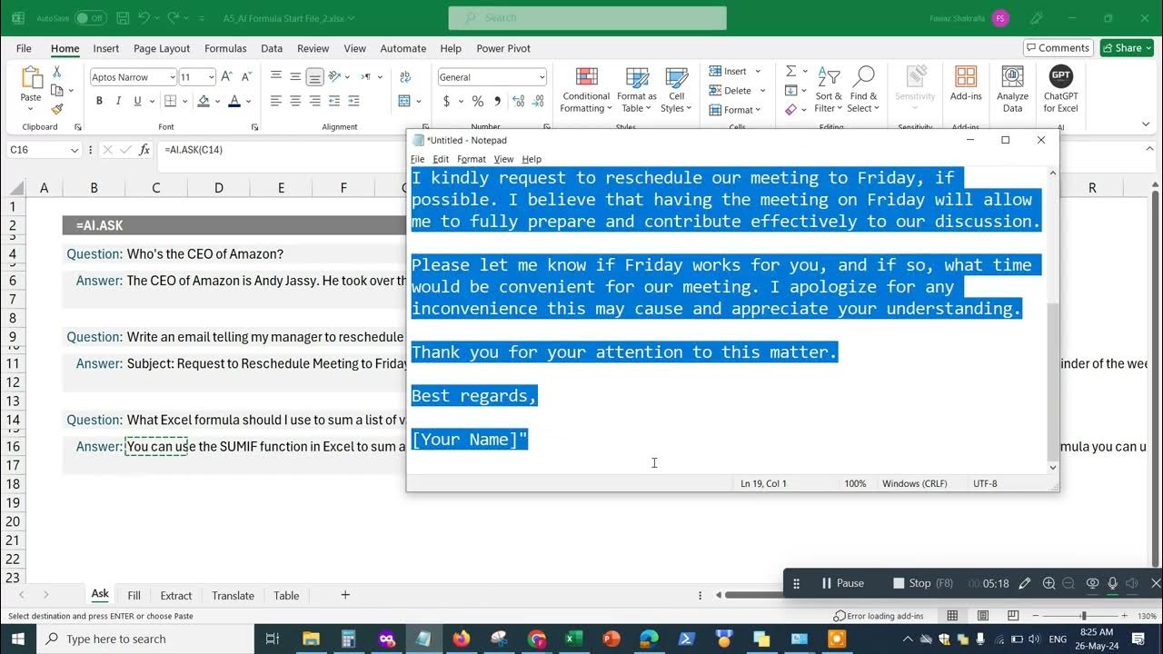 FawazShak's tweet card. How to use AI in Excel with ChatGPT - Microsoft 365