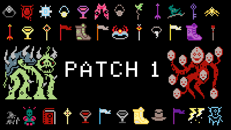 GameDevDylanW's tweet card. Patch 1 notes: Added 31 new items, 5 new Trials, 5 new Monsters, 2 new Spells, 1 Skill, and 1 new Boss Modifier, alongside balance changes, tooltip updates, and typo fixes NEW ITEMS: Earthquake...