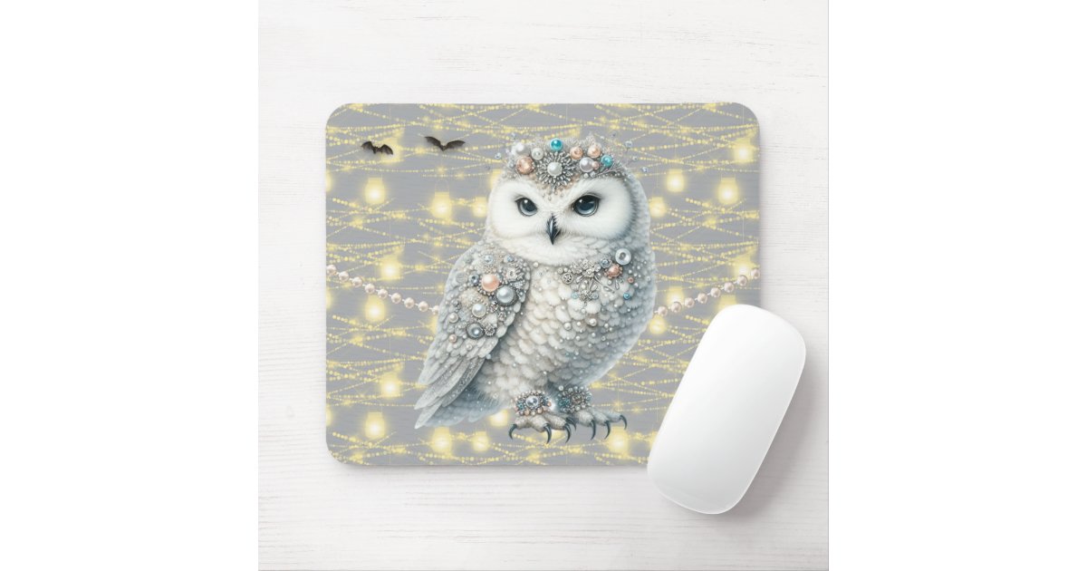Occitania32's tweet card. Magic owl wearing jewels.. Softly gothic! Shade of gray background with lights and a pearl string.