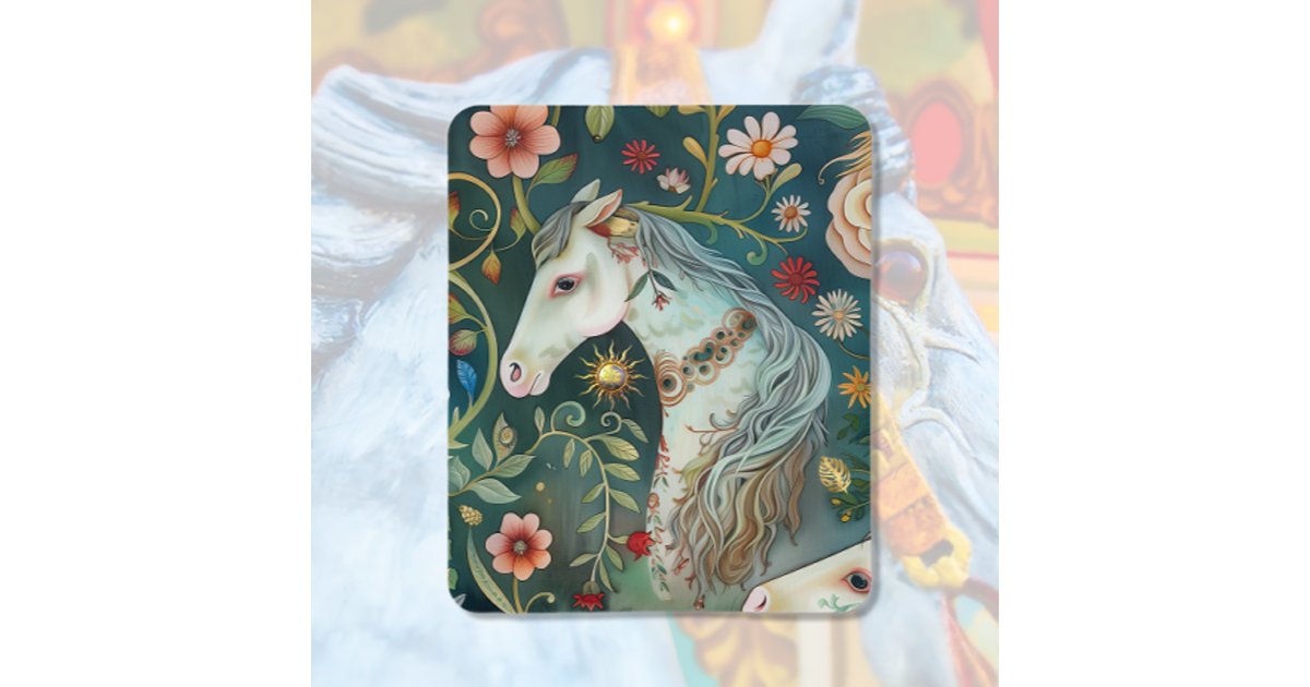 Occitania32's tweet card. Horse with vintage flowers in the background, a golden sun and a few golden leaves. A fairy tale horse.