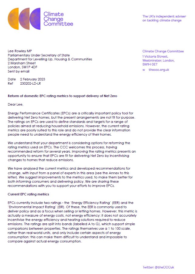 StarkClimate's tweet card. This is a letter from Lord Deben, Chair of the Climate Change Committee, to Lee Rowley MP, Parliamentary Under Secretary of State. It explains the need for modifying the rating metrics used on...