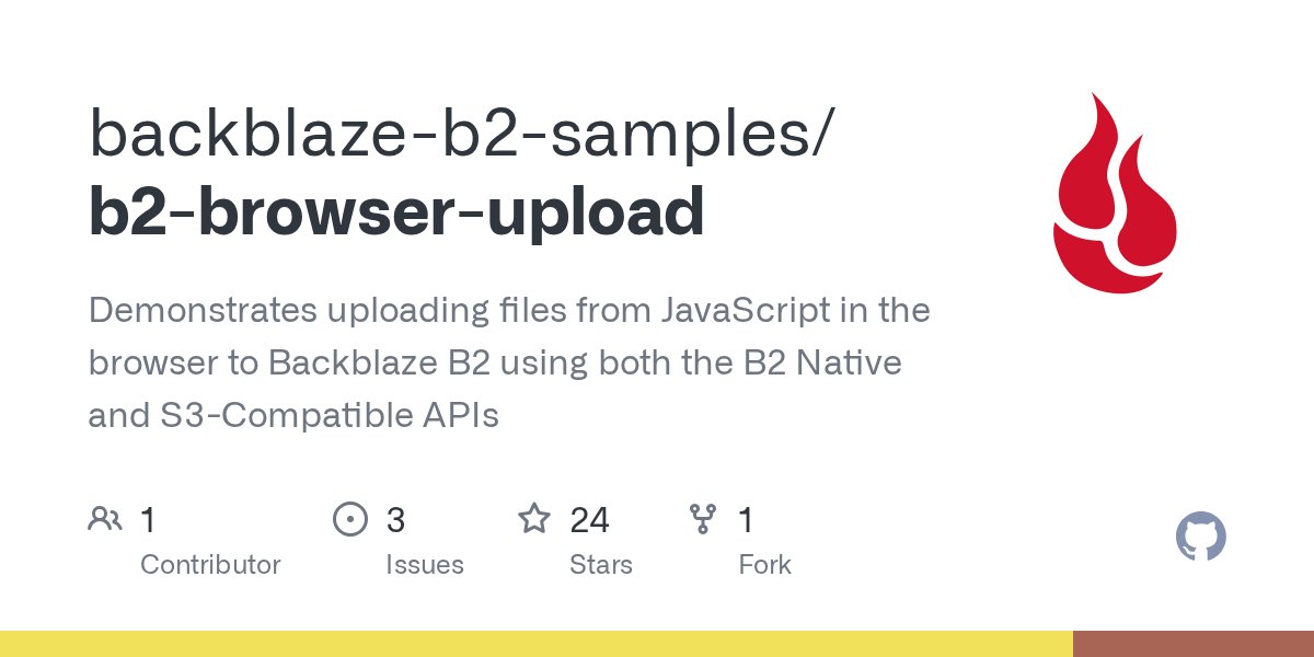 metadaddy's tweet card. Demonstrates uploading files from JavaScript in the browser to Backblaze B2 using both the B2 Native and S3-Compatible APIs - backblaze-b2-samples/b2-browser-upload