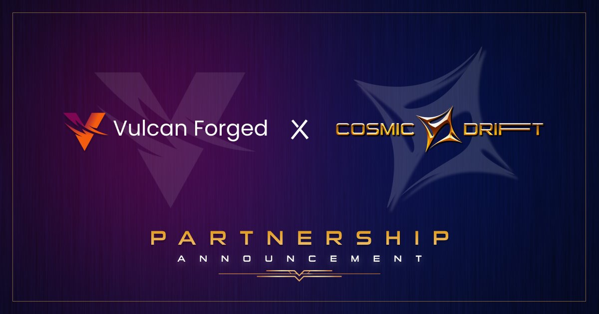 CosmicDriftGame's tweet card. We’ll be collaborating with Vulcan Forged to launch our NFTs on the 28th of September!