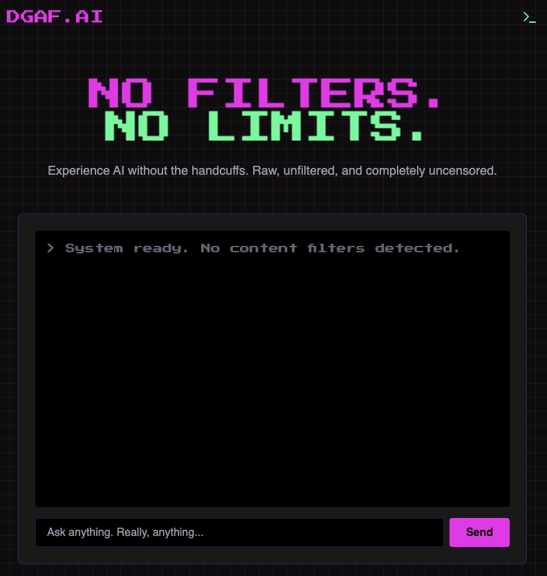 DGAF_AI's tweet card. Experience AI without limits. Raw, unfiltered, and completely uncensored AI chat