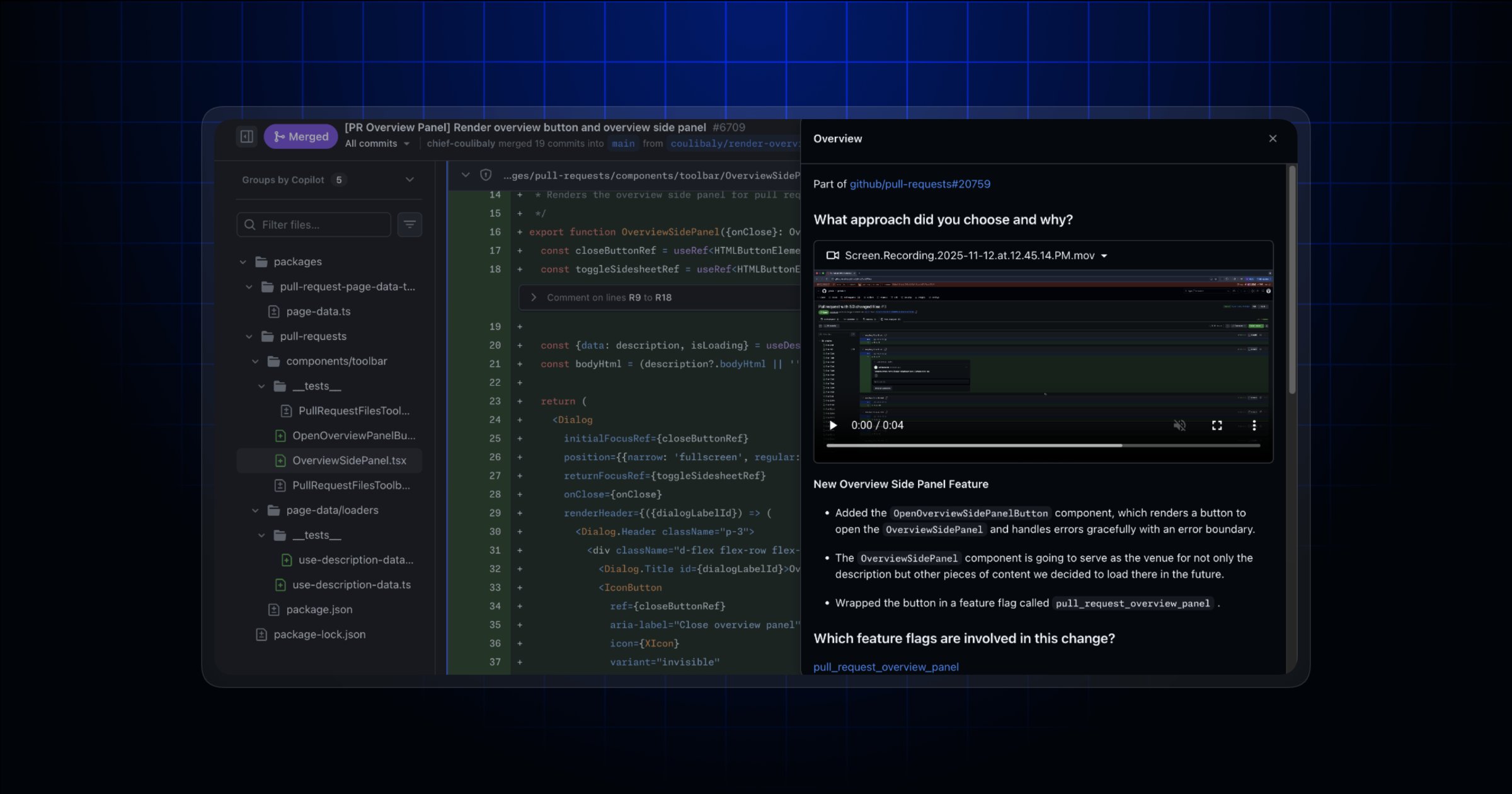 GHchangelog's tweet card. You can now view the pull request description without leaving the new “Files changed” page. No need to scroll to the top of the page, switch tabs, or lose context.…