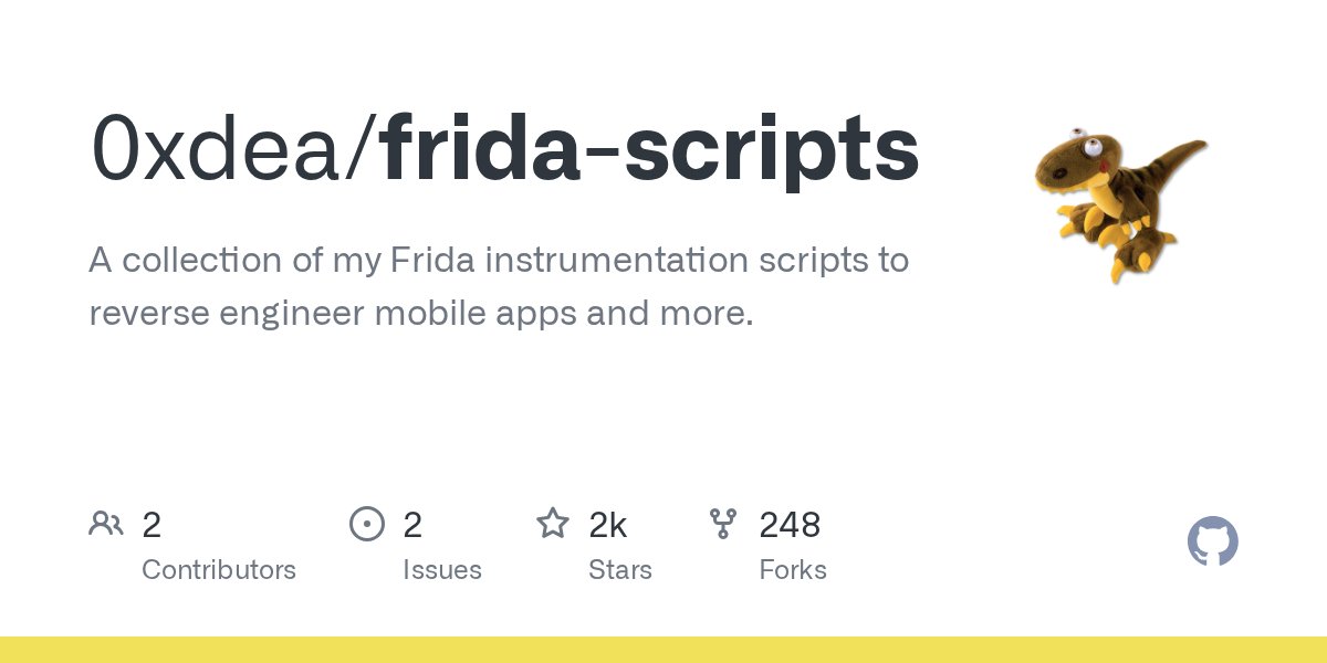 0xdea's tweet card. A collection of my Frida instrumentation scripts to reverse engineer mobile apps and more. - 0xdea/frida-scripts
