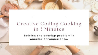 deconbatch's tweet card. The last object overlaps the first? Solve the annular arrangement problem! Explore 3 creative coding techniques (including semi-transparency) for seam