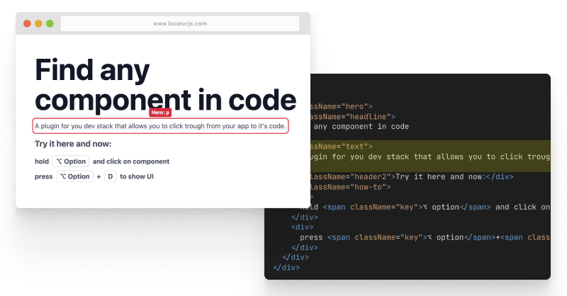 LocatorJS's tweet card. LocatorJS - click on any component to go to code.