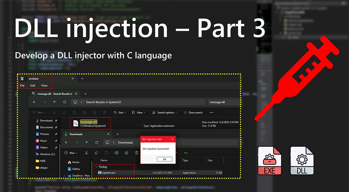 DirectoryRanger's tweet card. Final part, Hands-on DLL injection using injector.exe — complete code, simulation results, and common pitfalls in C language