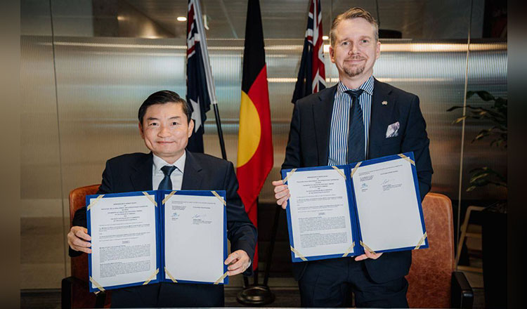 KhmerTimes's tweet card. Heng Sour, Minister of Labour and Vocational Training, and Cameron Baker, Chief Commissioner of the South Australian Skills Commission, jointly signed a Cooperation Agreement on Technical and...