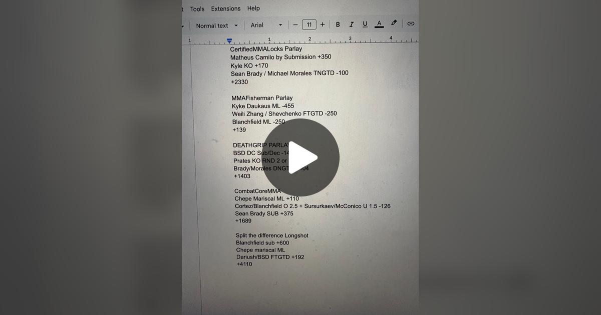 CombatCoreMMA's tweet card. 38 likes, 16 comments. “Boys me, @Split The Difference Podcast, @WrinkleBrain MMA, @MMA FISHERMAN, @CertifiedMMA-Locks, and @deathgripmma were just live for 3 HOURS cooking up parlays for this UFC...