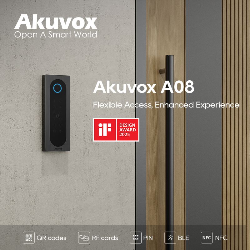 AkuvoxHelp's tweet card. At Akuvox, we fuse form with function. The A08 Access Control Terminal, winner of the iF Design Award 2025, exemplifies this with its versatile authentication suite—QR code, RF cards, PIN, BLE, and...