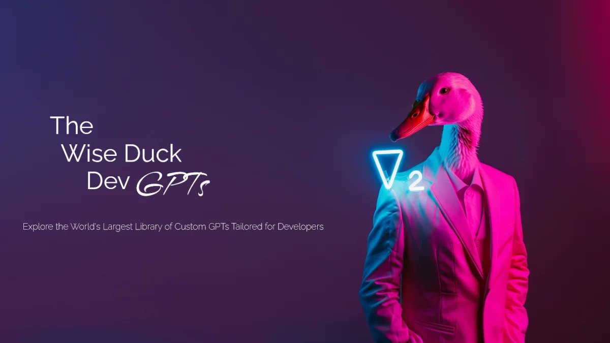 wiseduckdevgpts's tweet card. Discover the largest custom GPTs library specialized for developers in the world. The Wise Duck Dev GPTs offers over 700 custom GPTs for web, mobile, AI, blockchain, and video games development.