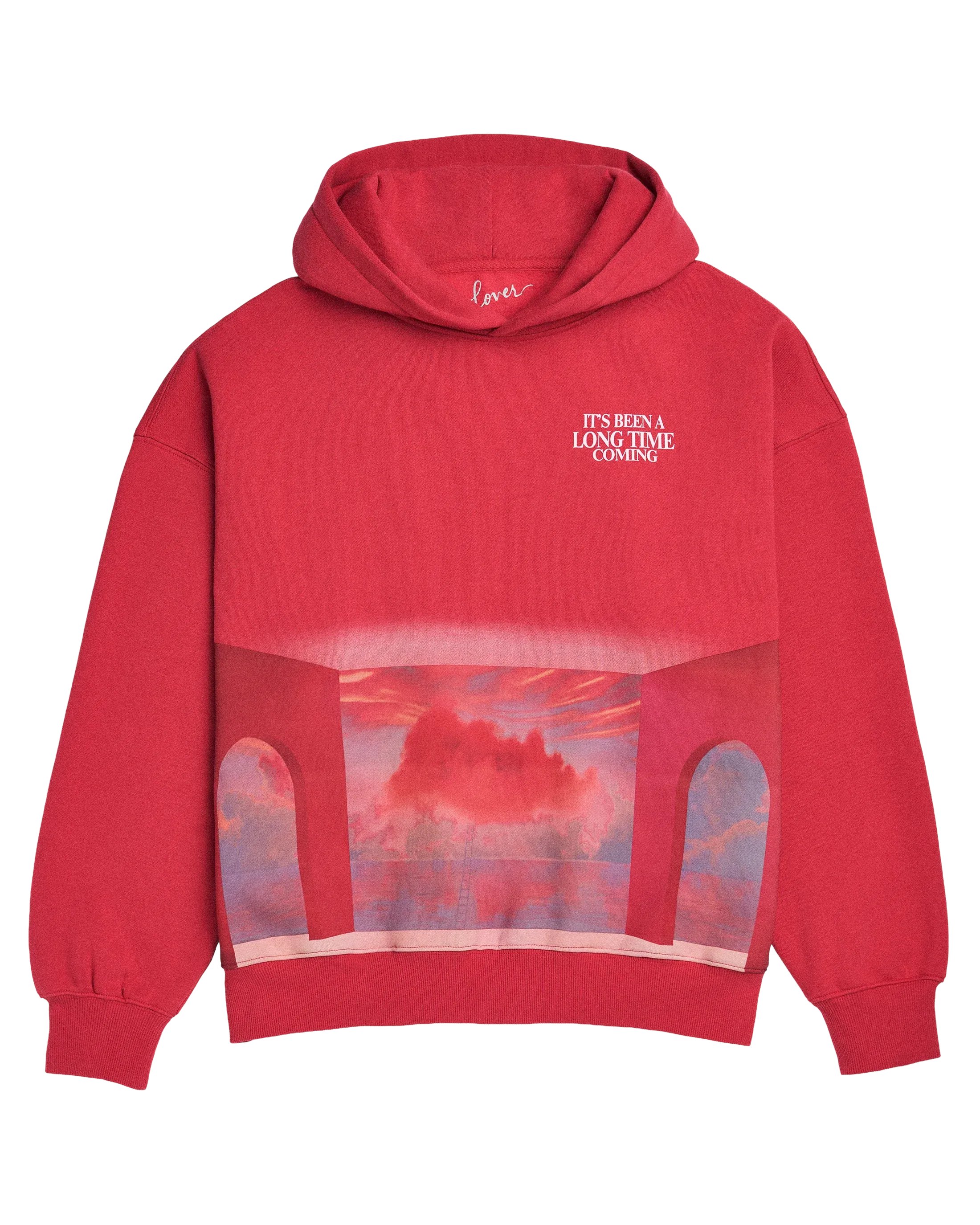 swiftpitch_uk's tweet card. Ships within 10 daysMagenta hoodie with waist pockets featuring "It's been a long time coming" song lyrics with Taylor Swift The Eras Tour clouds design printed on front.Standard unisex fit.100%...