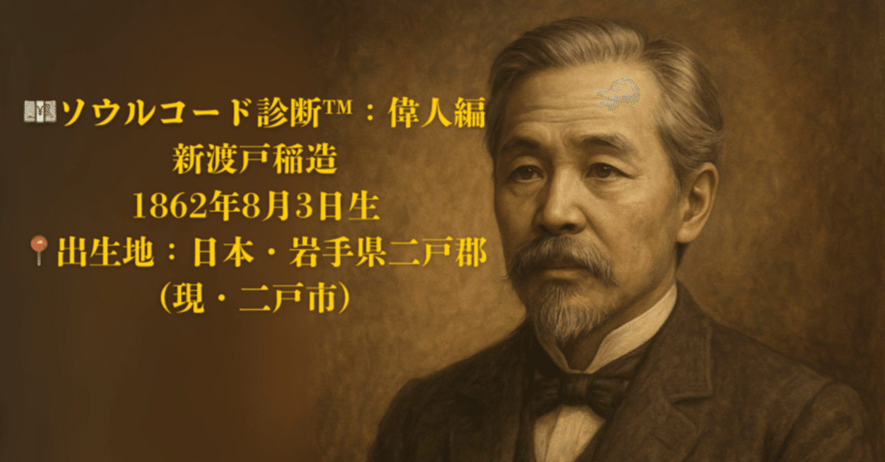 soulcodeReading's tweet card. 🌕第1章：魂の航路と時代を超える言葉｜物語ナレーション 風が渡る── それは思想の風であり、魂の風であった。 幕末の動乱からわずか数十年後。西洋と東洋の価値観が交錯し、日本が“国家”として急成長を遂げていたこの時代に、新渡戸稲造という一人の魂は、その激流の中にあって、静かに、しかし確かな意志をもって生まれてきた。 彼の人生は、国家や民族を超えて“人としてどう生きるか”を問い続けた旅路だった。...