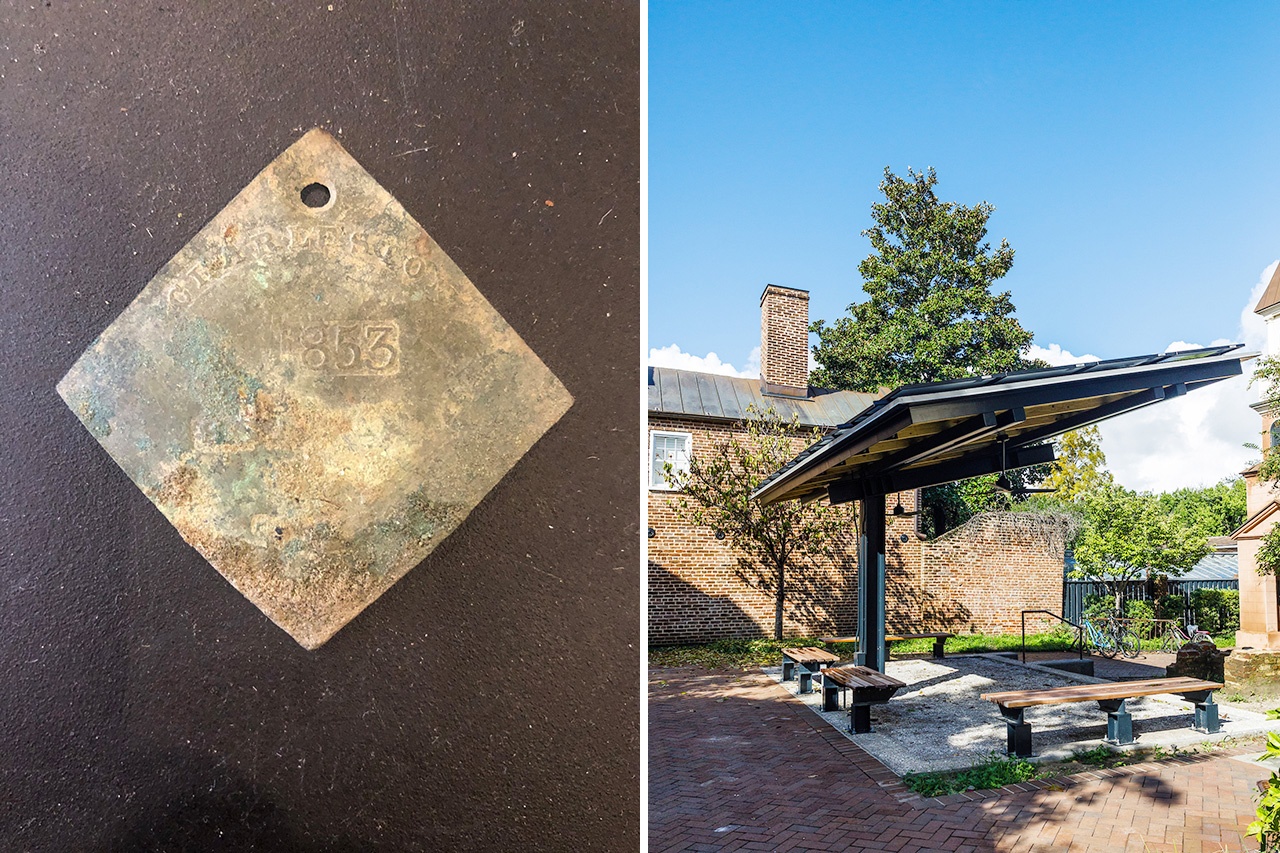 CofC's tweet card. Above: A slave tag from 1853 (left) was found last spring during an excavation for the installation of a new solar pavilion (right) near Rivers Green. The College of Charleston campus community is...
