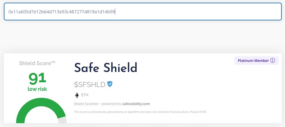 SafeSolidity's tweet card. $SFSHLD — Safe Shield is the native token for Safe Solidity, providing access to the full benefits of the Shield Scanner tool. Learn more…