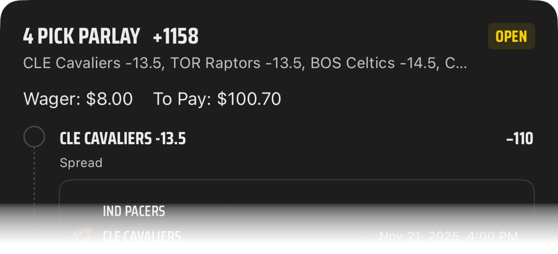 MMananger's tweet card. Check out this 4-leg Parlay I just placed on DraftKings!