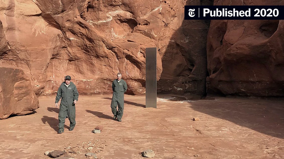 nytimes's tweet card. A team surveying bighorn sheep for Utah’s wildlife agency found the strange object, 10 to 12 feet tall, embedded in the ground in a remote part of Red Rock Country. It’s probably art, officials said.