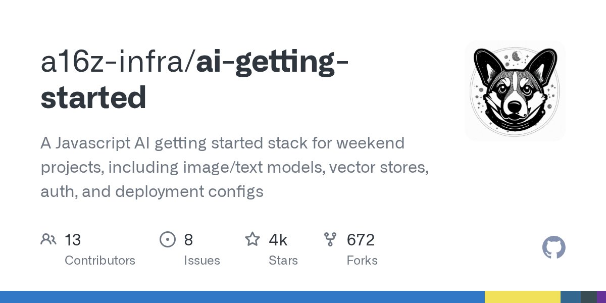 stuffyokodraws's tweet card. A Javascript AI getting started stack for weekend projects, including image/text models, vector stores, auth, and deployment configs - a16z-infra/ai-getting-started