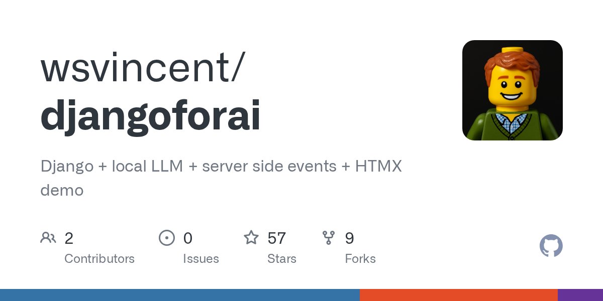djangonewsbot's tweet card. Django + local LLM + server side events + HTMX demo - wsvincent/djangoforai