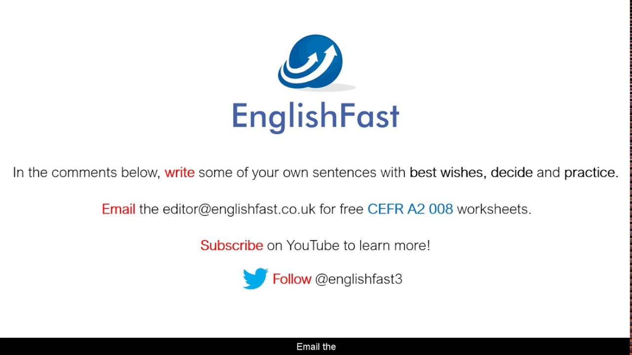 EnglishFast3's tweet card. CEFR A2 - best wishes, decide, practice